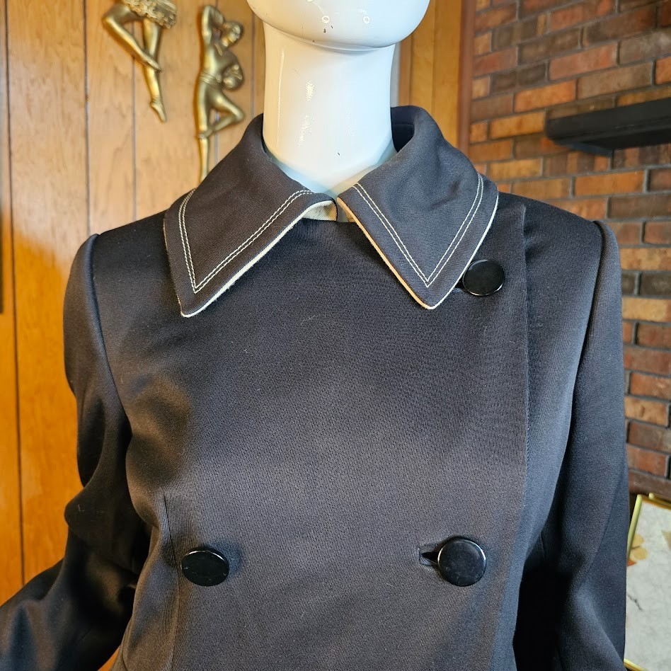 Vtg 60s Mod Youthquake Topstitch Black & White Trench Winter Quilted Rain Coat M