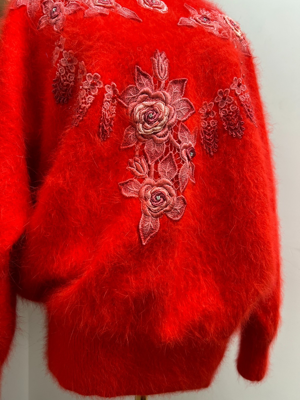 80% Angora Sweater Red Floral Embroidered Front Soft Fuzzy Knit Pullover