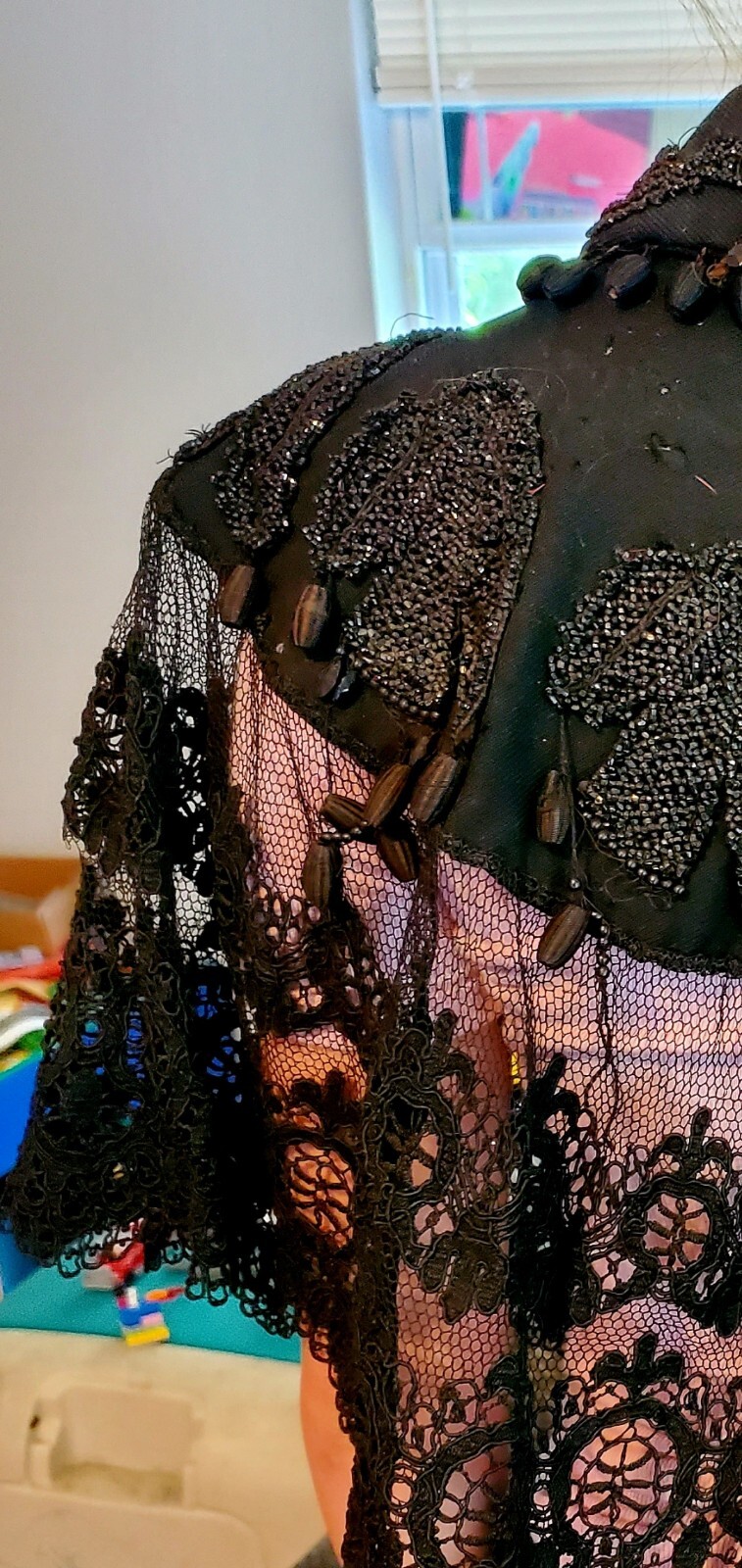 Antique Black Beaded Lace Victorian Edwardian Mourning Cape Capelet Mantel