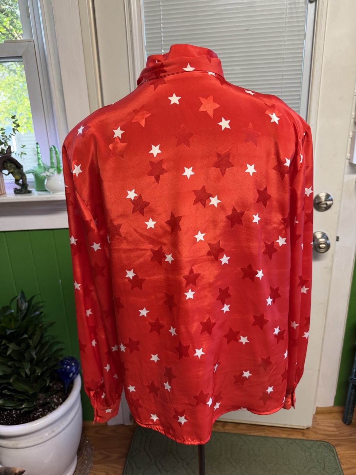 Vintage Patriotic Red JH Collectibles Blouse w/ White Stars And Neck Scarf Sz 10