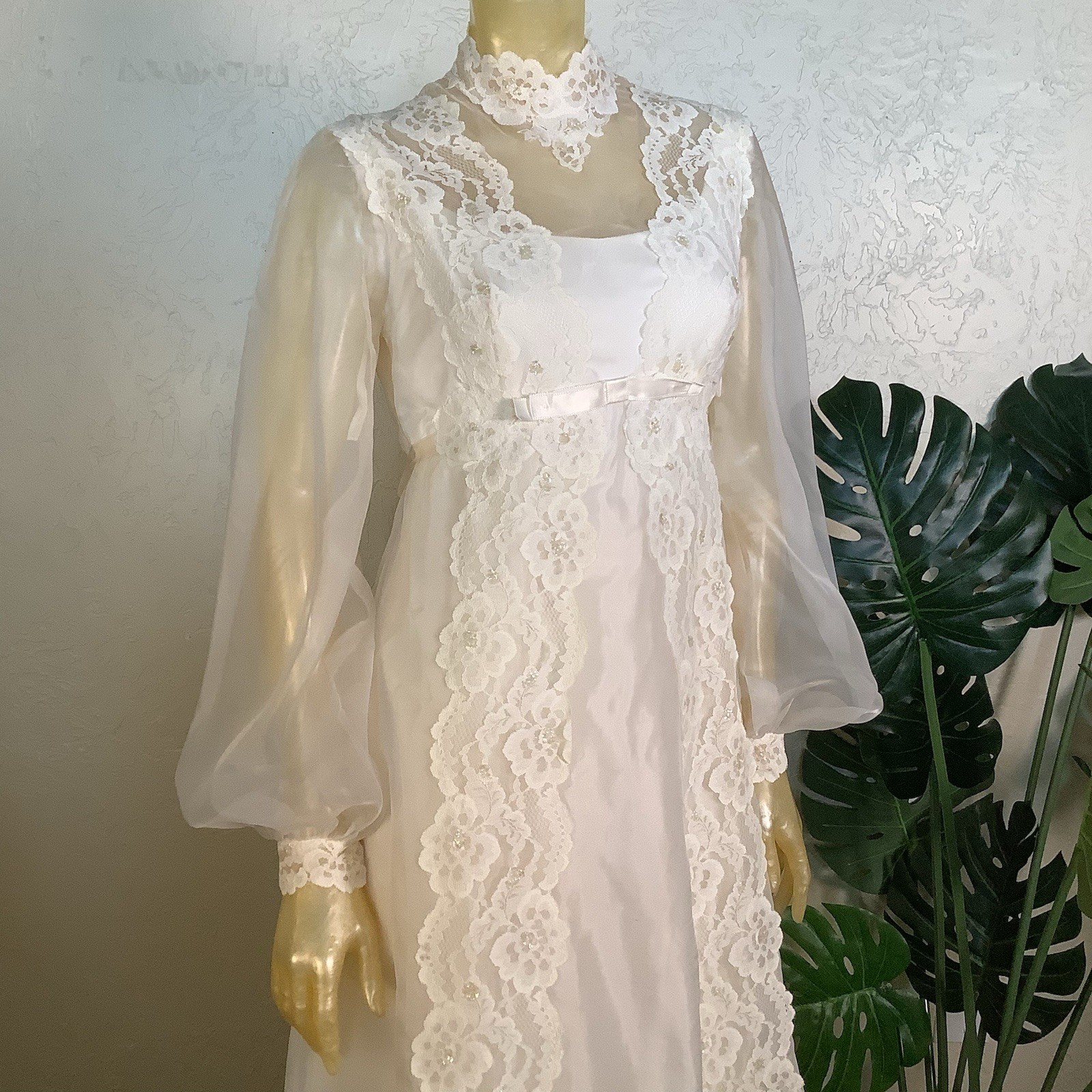1970s Bridal Originals Regency Inspired Empire Waist Lace Wedding Dress & Train