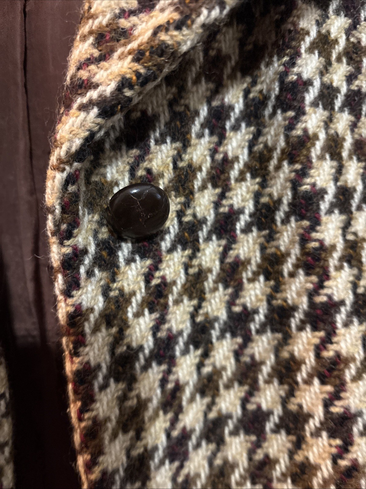 International Ladies Garment Workers Union Brown Beige Wool Houndstooth Coat 60s