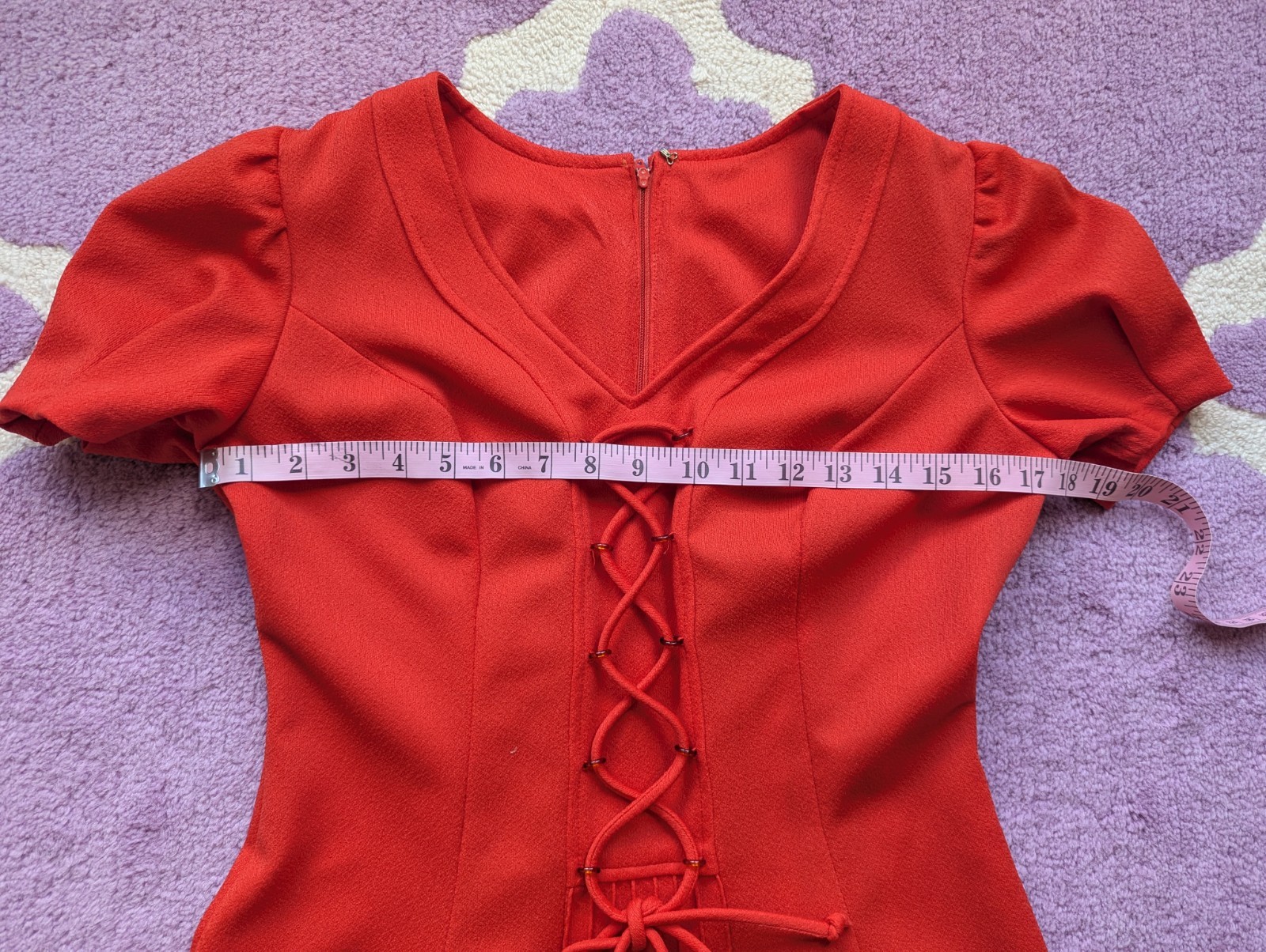Vintage 70’s Lace Up Polyester Puff Sleeve Babydoll Mini Red Dress Size Small