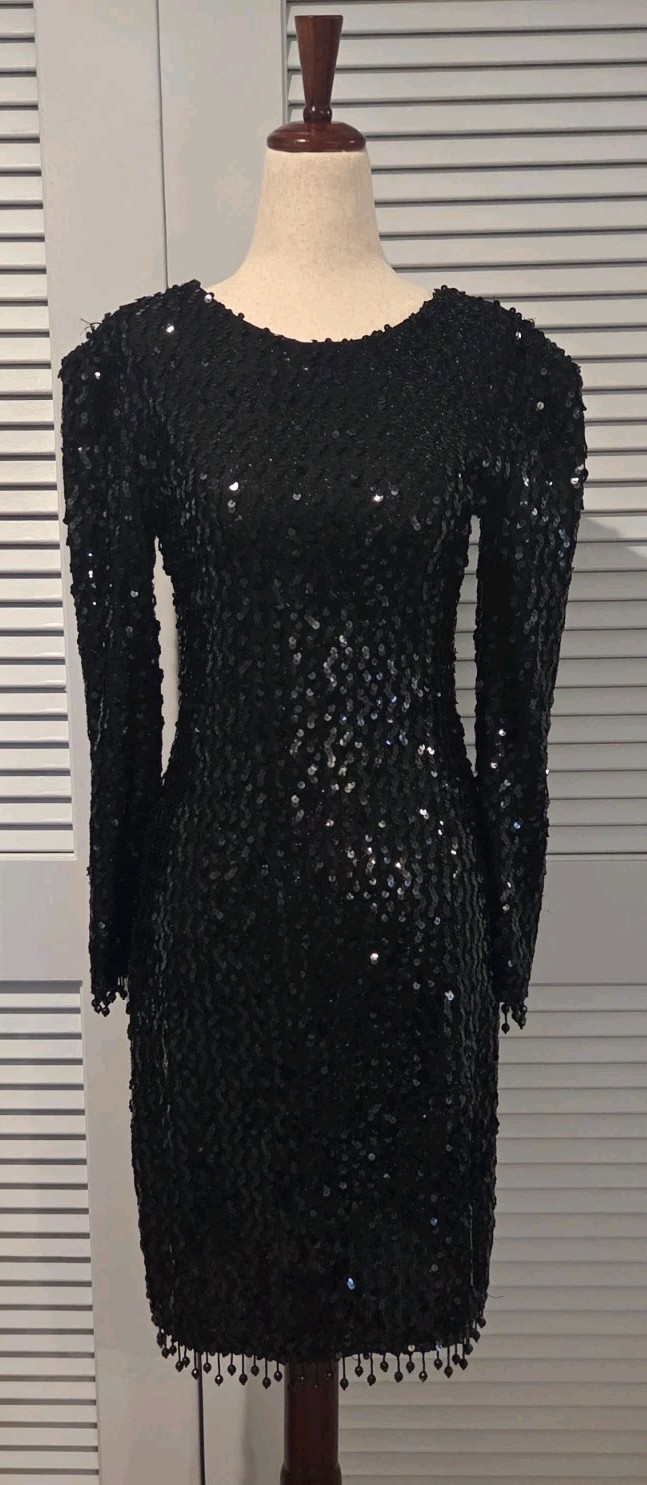 Glenrob Black Sequin Beaded Fringe Hem Long Sleeve Vintage Dress