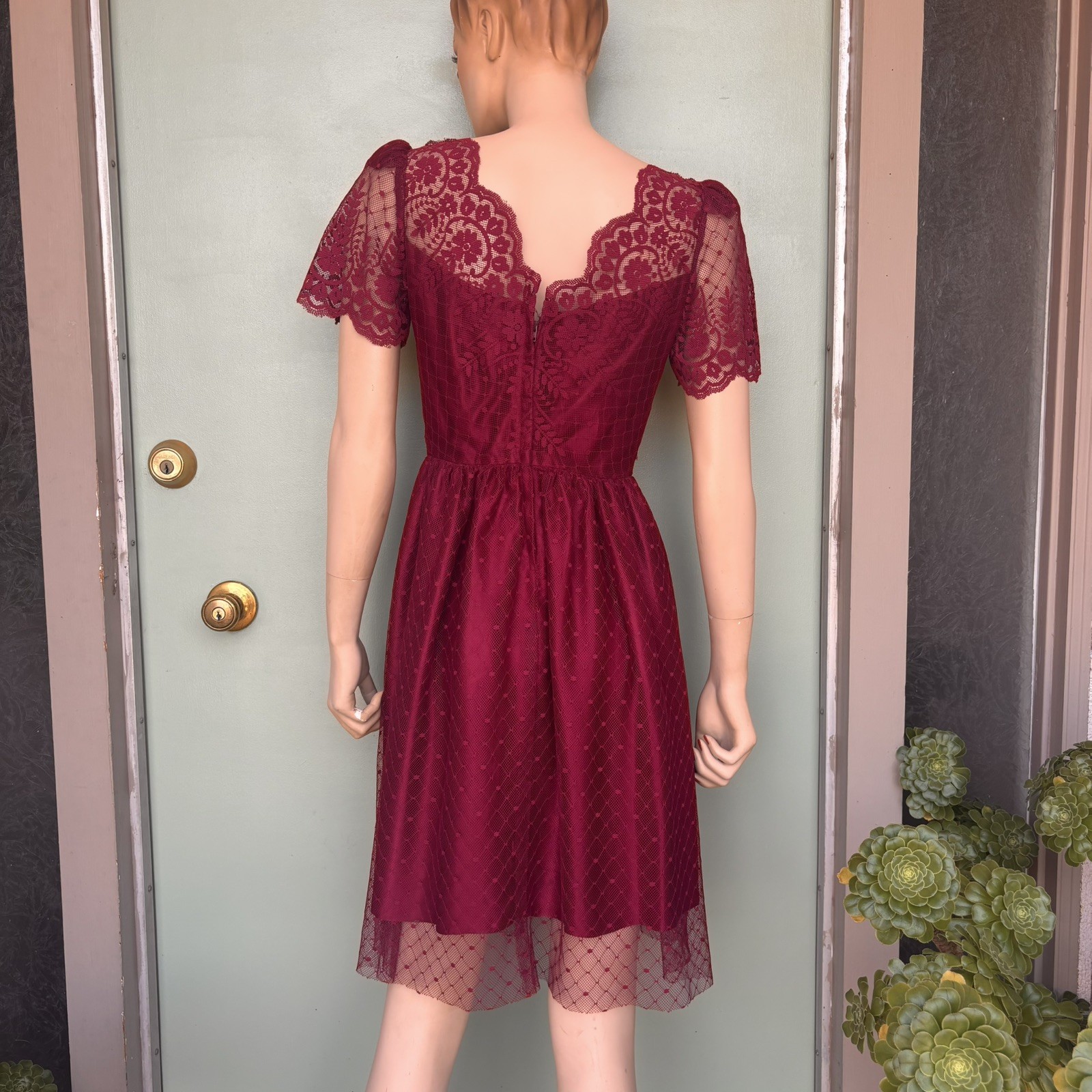 Vintage Burgundy Wine Lace Formal Dress Prom Wedding