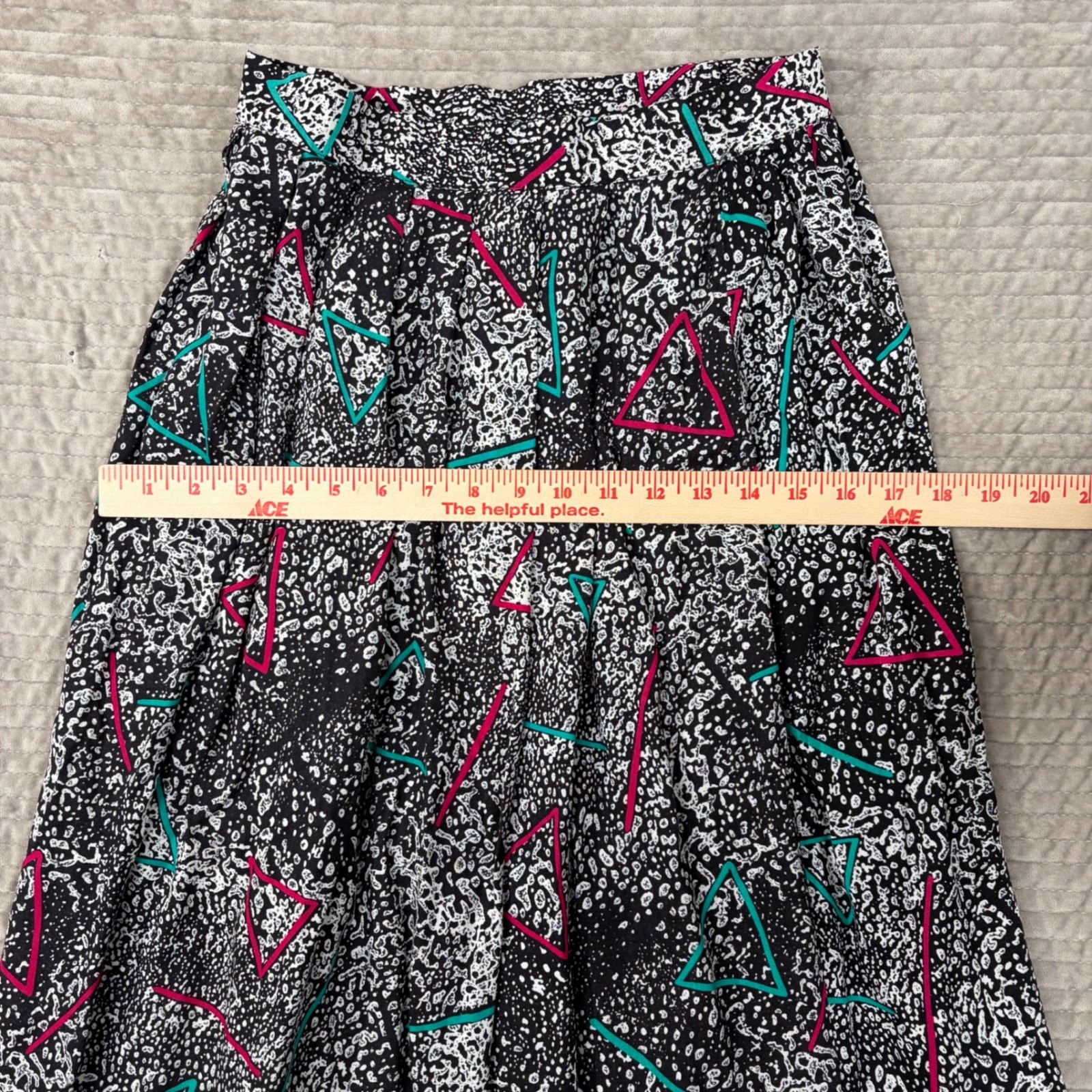 Vintage Greenwich Square 80s Geometric Neon Midi Skirt Black White Rayon 11-12