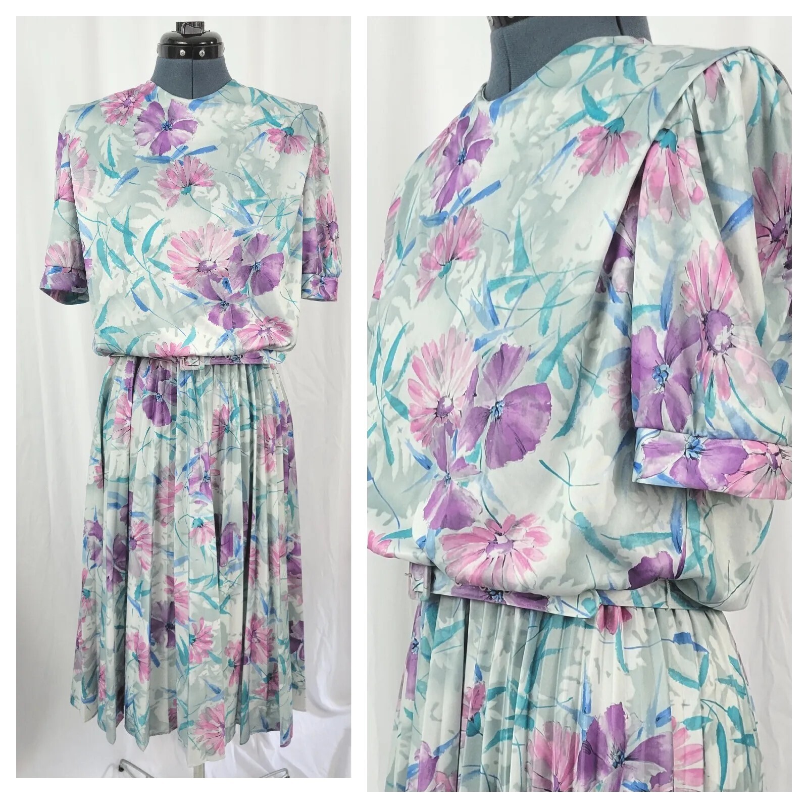 Vintage Whirlaway Grey Dress w Purple/Pink/Blue Florals & Pleated Skirt Size 14P