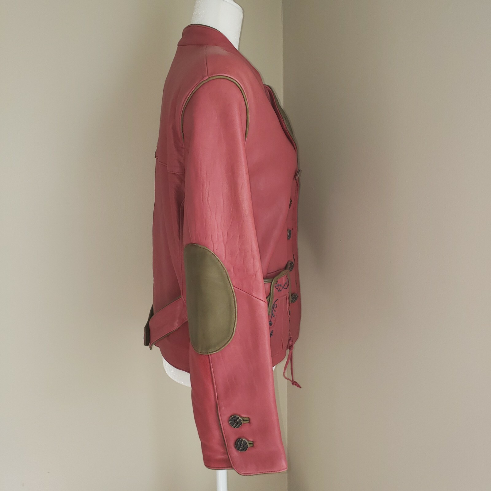 Vintage 80s Original Leather Sound LS Red Leather Jacket Green Accents Sz 38