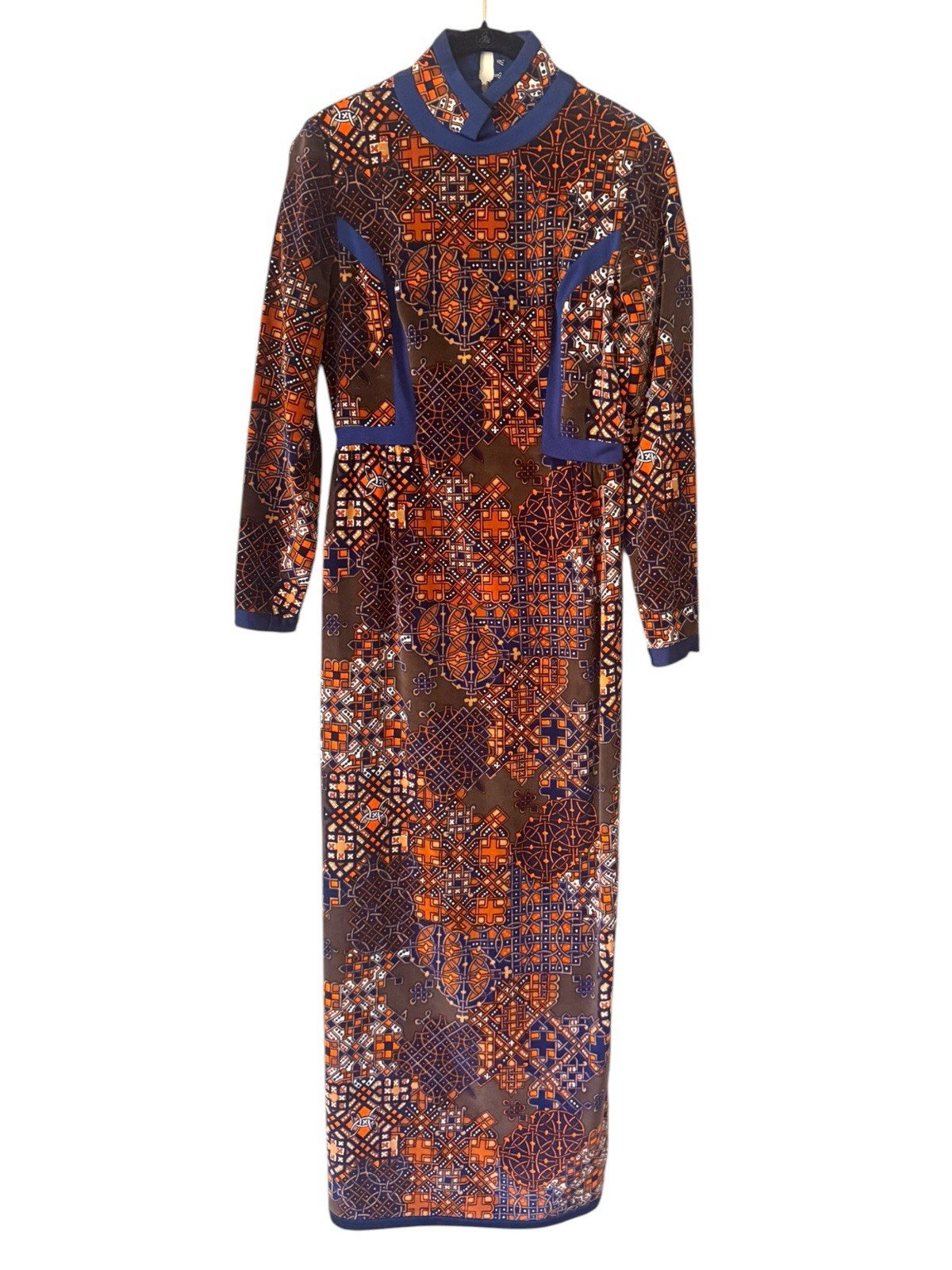 Vtg 60s/70s Robert David Morton Long Sleeve Maxi Dress Brown Orange Small