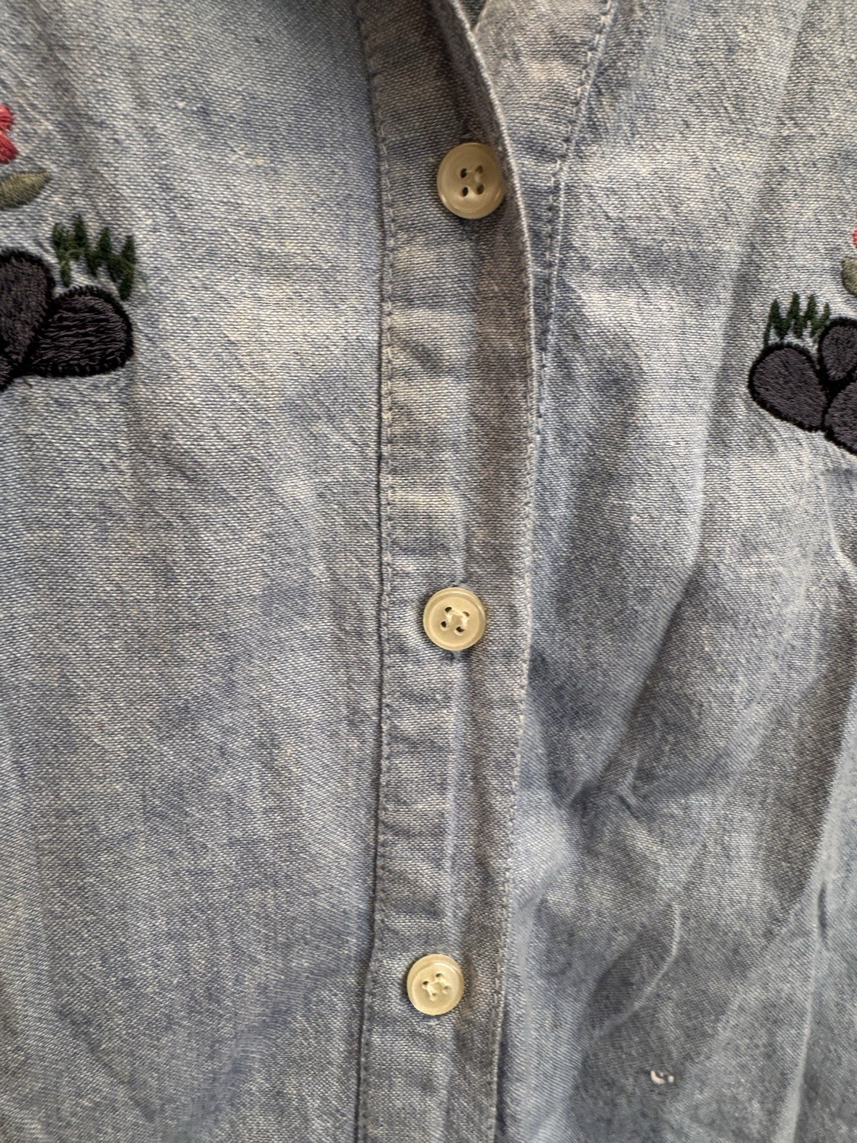 Vintage XXL Light Wash Denim Teddy Bear Cottage Core Button Down Womens Top ￼