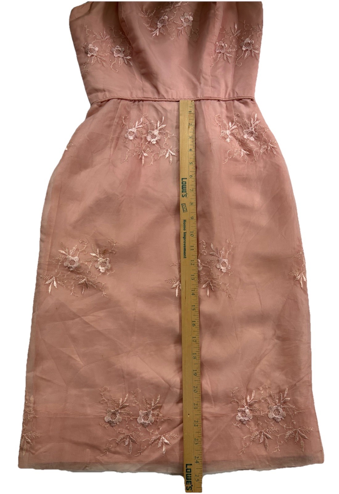 Vintage Pink Embroidered Organza Wiggle Dress Pin-Up Tiki Rockabilly XS Flawed