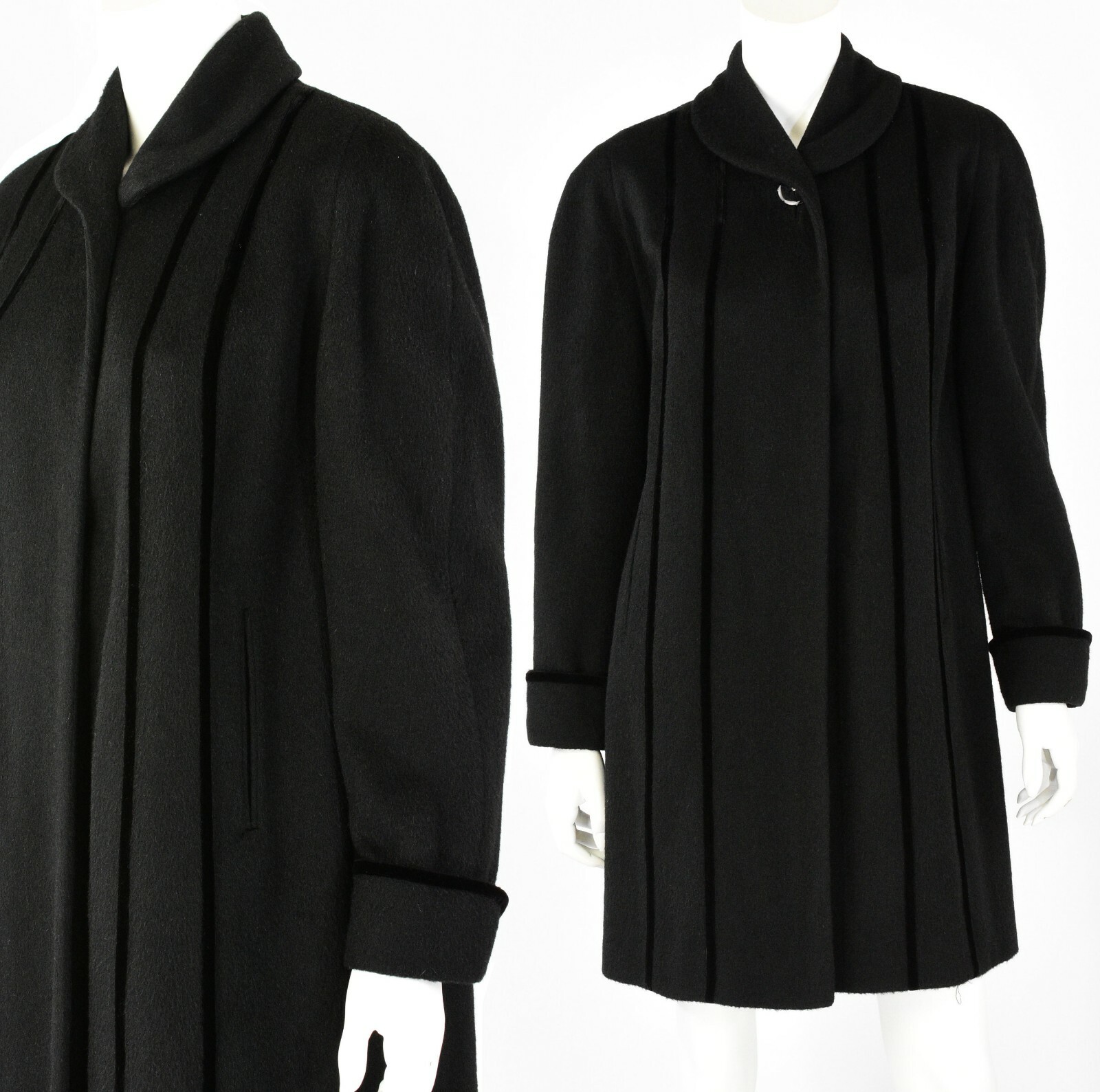 50s Vintage Womens S/M Black Wool Dress Coat Velvet Trim Fairmont Fashions