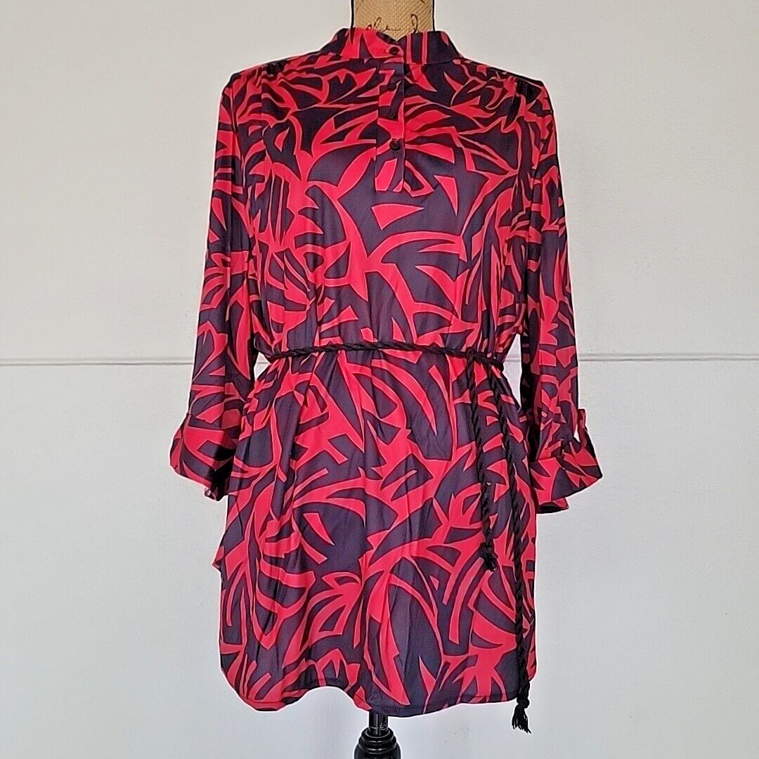 NOS Vintage 70s Maggie Sweet Shirt Blouse Tunic, Black And Red Print, L
