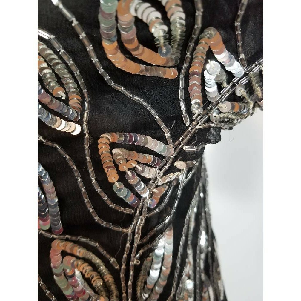 Vtg Sho Max NY Silver Sequin Silk Crepe Blouse Vertical Stripe Disco NYE Party S