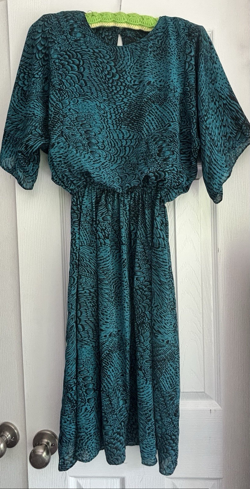 Vtg POSITIVE ATTITUDE 80’s Dress Teal W/ Black Feather Print Shoulder Pads Sheer