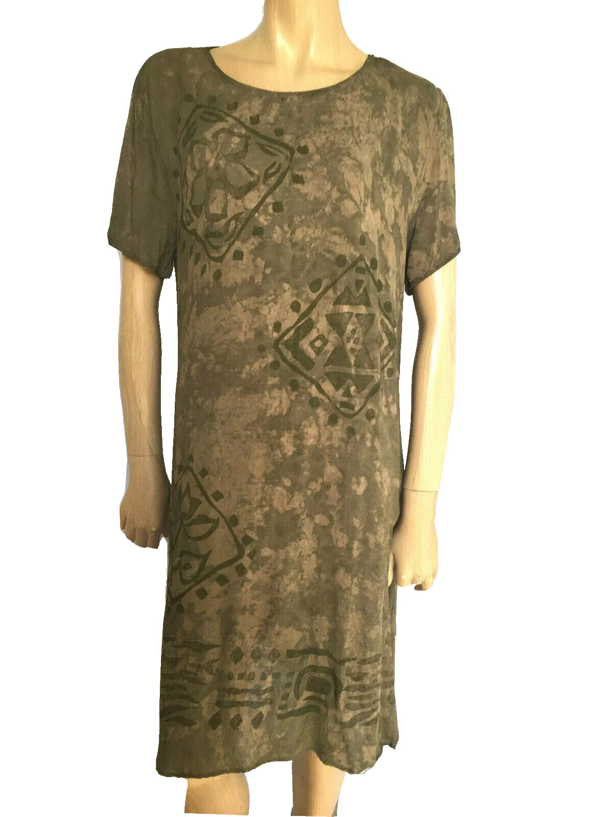 CL Vintage 70s Green Tie Dye Shirt Dress Boat Scoop Short Sleeve Size L