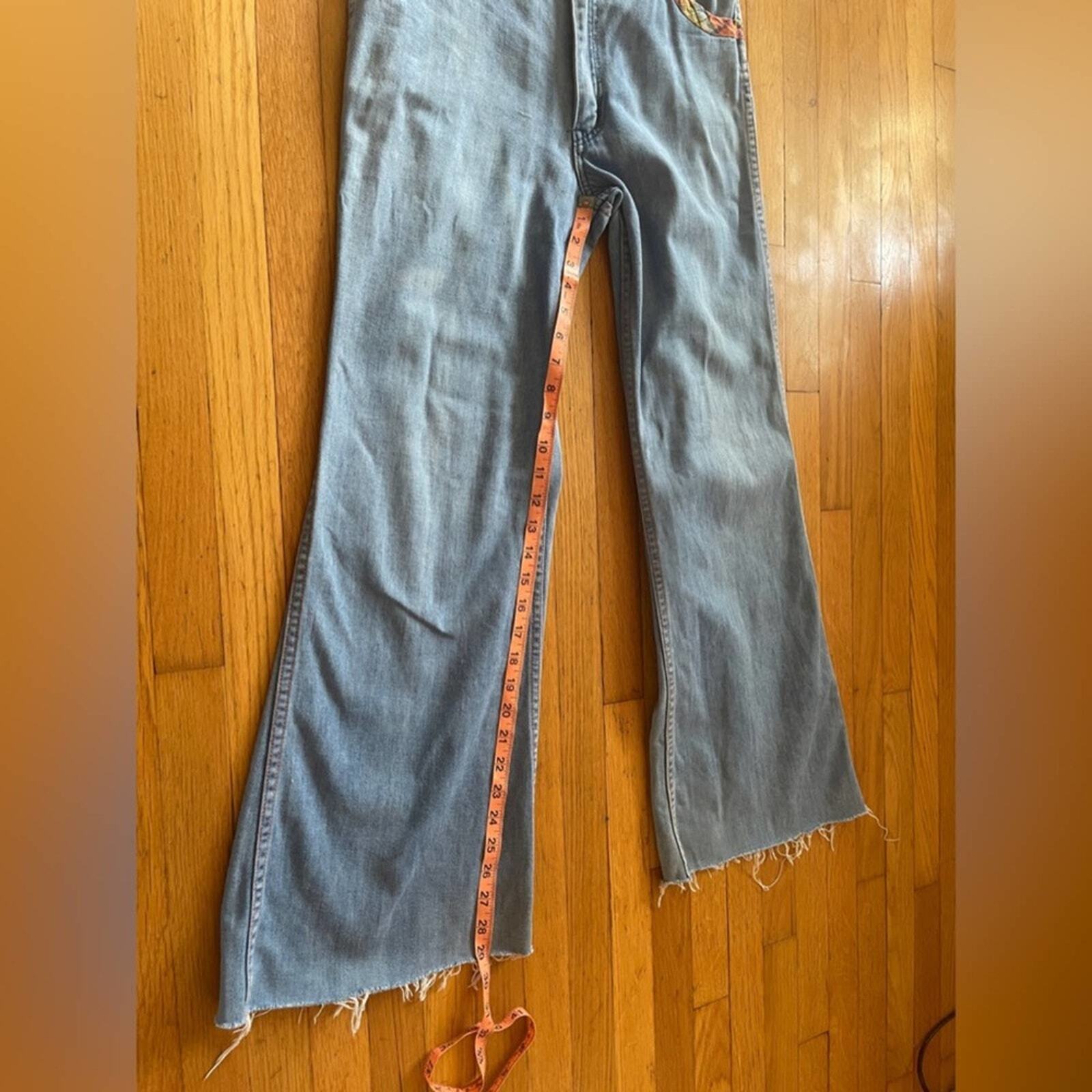 70s Vintage Faded Glory Light Wash Bell Bottoms w. Plaid Detailing