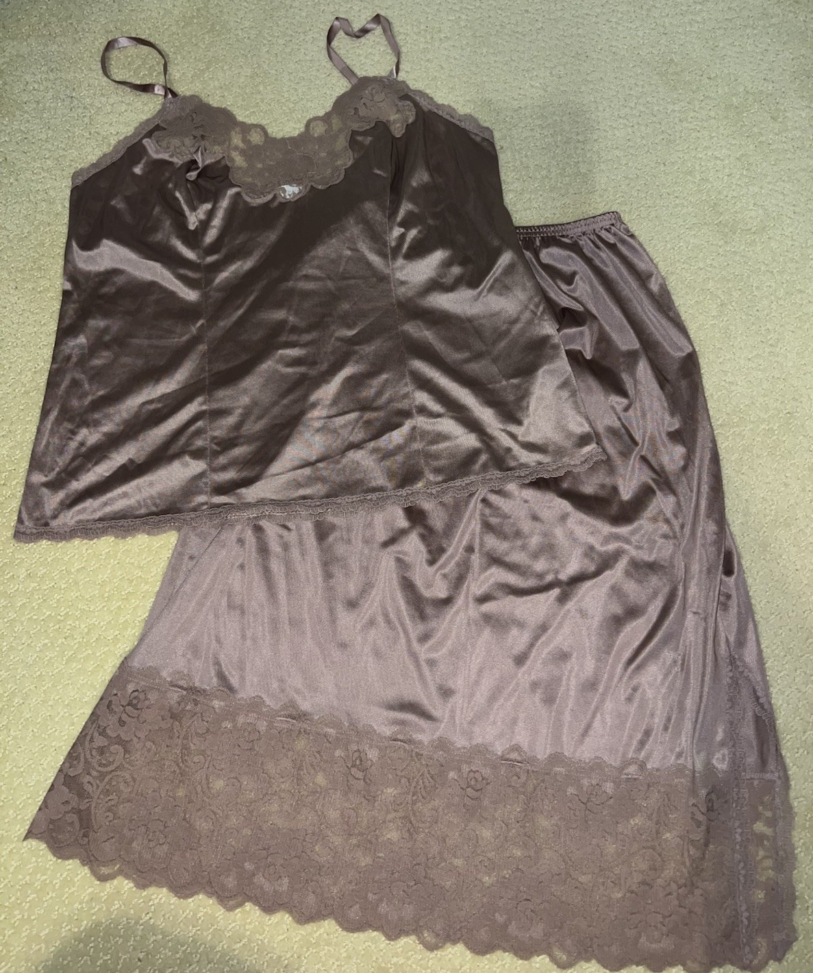 Vtg 80s JCPenney Applause Camisole Skirt Set Brown Nude Satin Lace Lingerie XS S