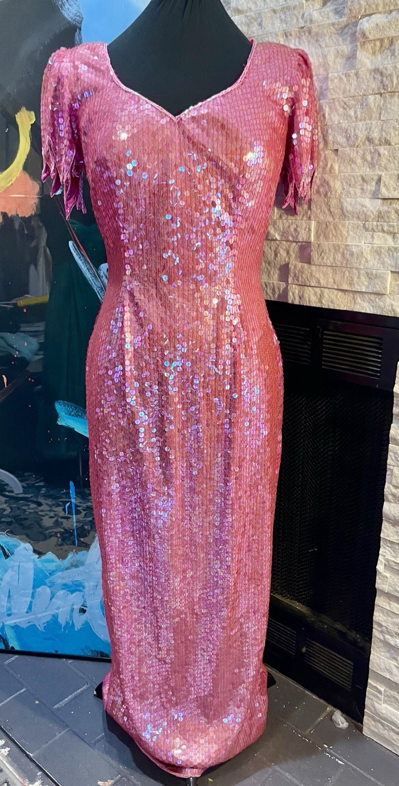 Vintage Nadine Pink Sequin Maxi Gown Size Medium 1980s Prom Special Occasion