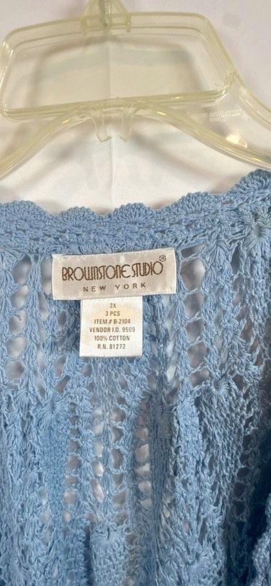 Vtg 90s Brownstone Studio 2pc Cotton Crochet Skirt Cardigan Set Blue Plus Size 2