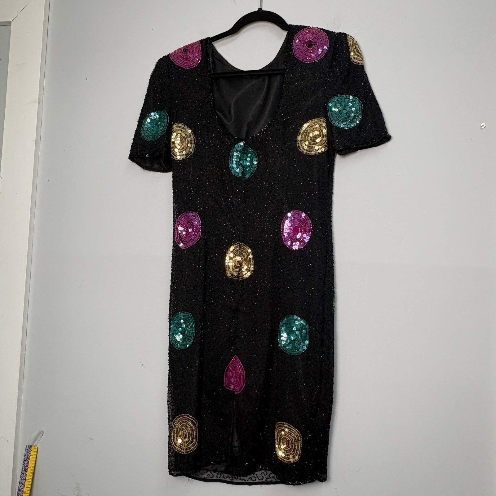 Vintage Silk Beaded Sequin Polka Dot Dress Black Multicolor Short Sleeve Size 8