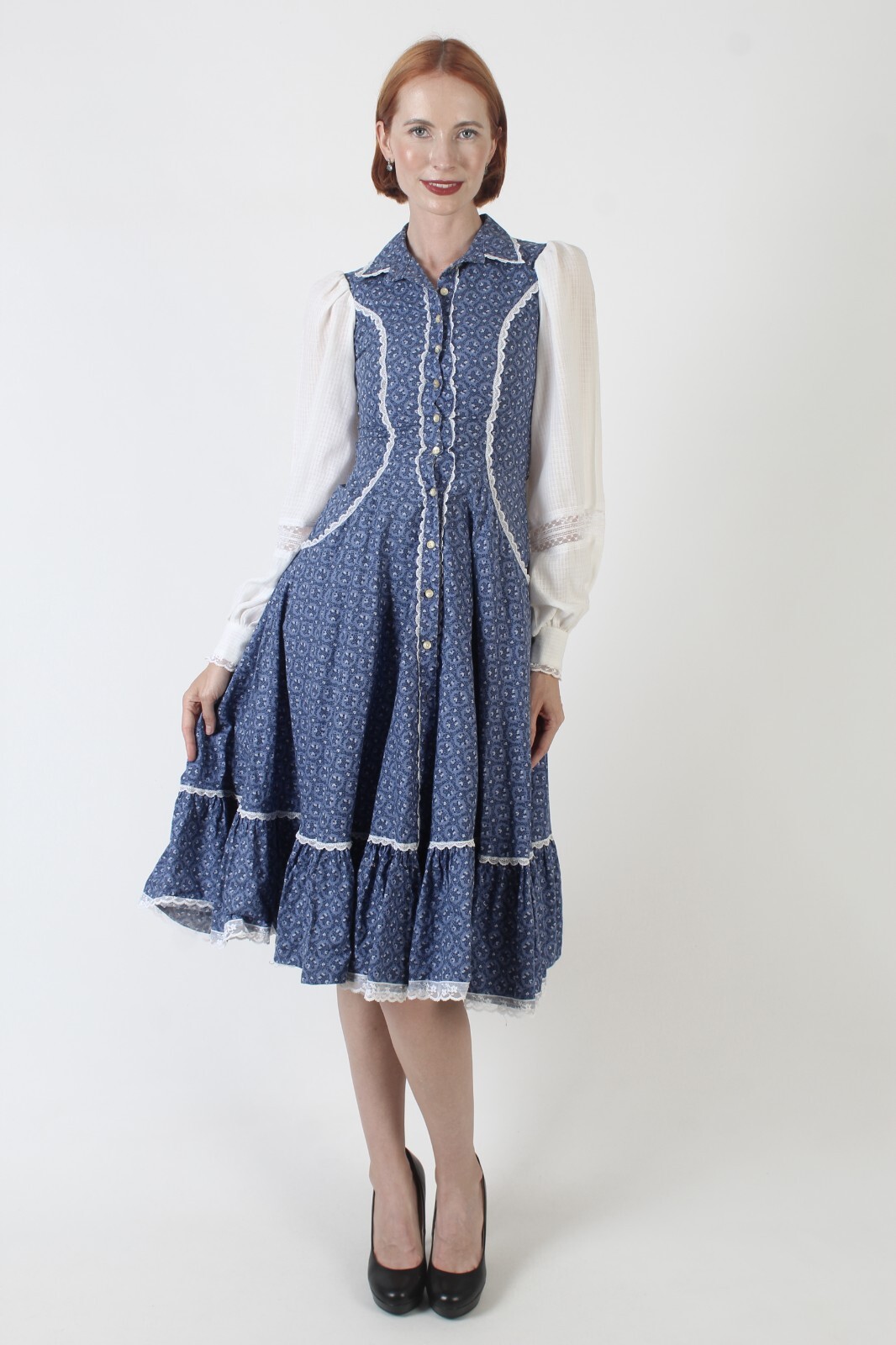 Vtg 70s Gunne Sax Cottagecore Dress Button Up Pockets Boho Wedding Wht Sleeve