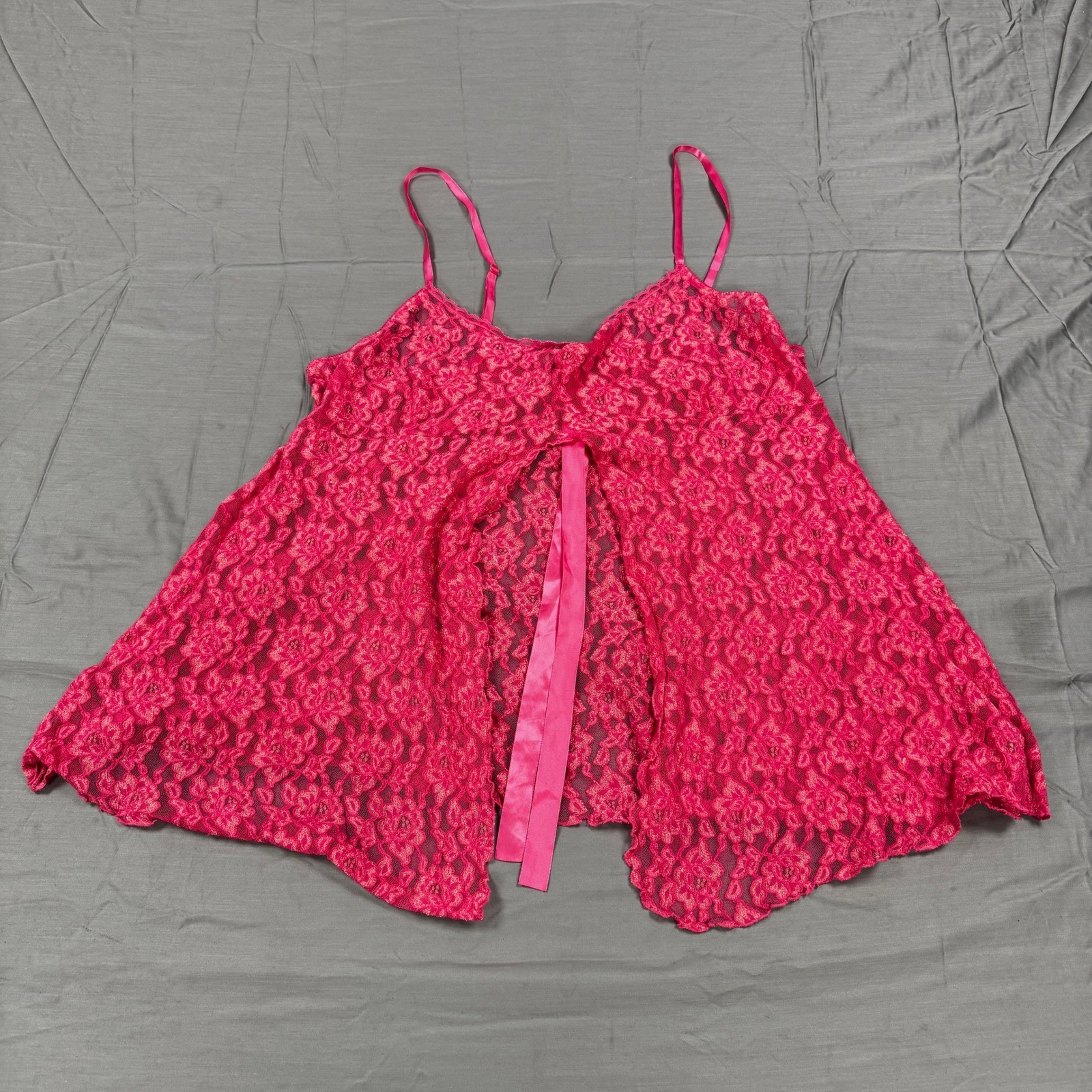 Lane Bryant Vintage Hot Pink Lace Babydoll Lingerie Top Sheer Open Front 26/28