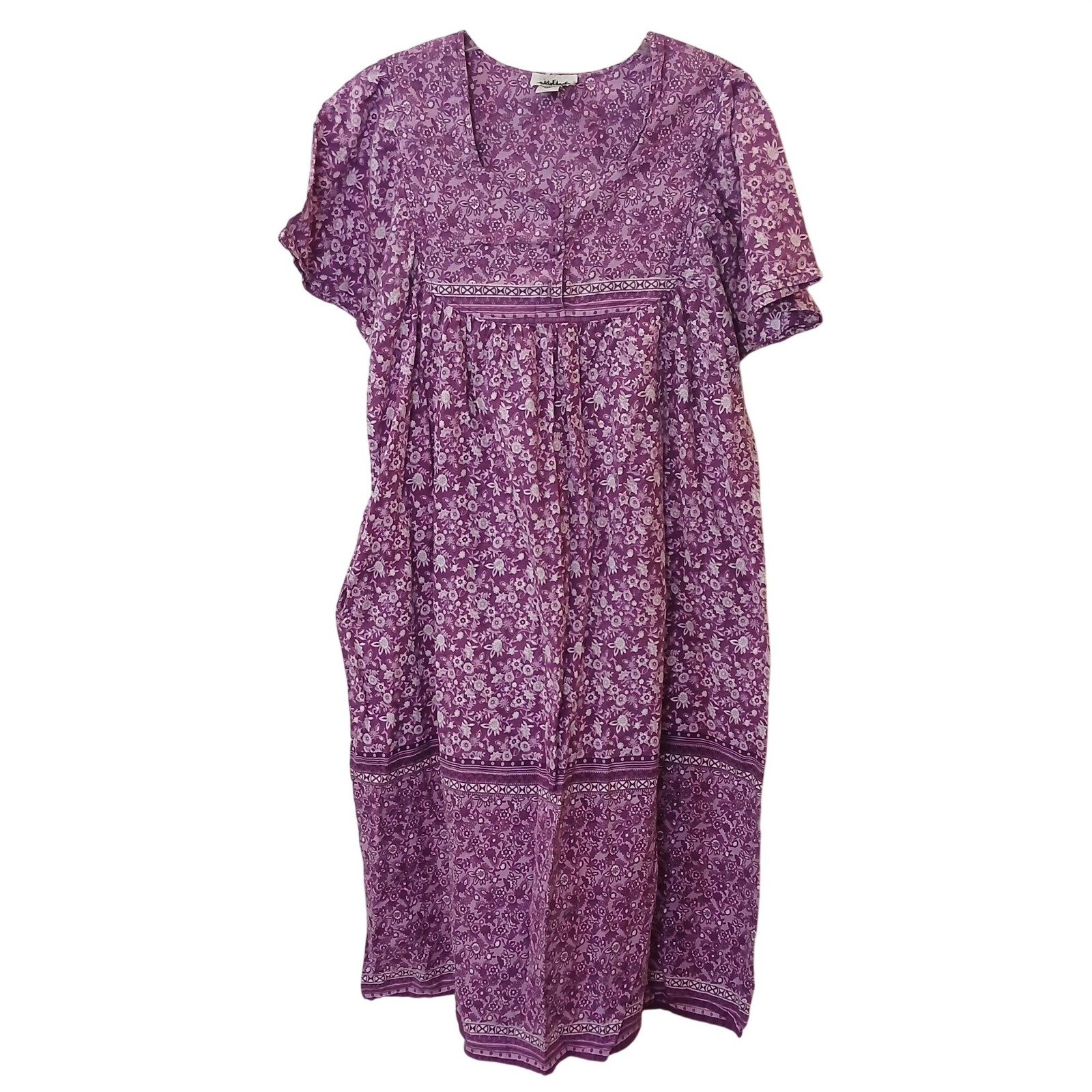 VTG Metropolitan Floral House Dress Muumuu Size XL Purple Cotton Pockets #L-51