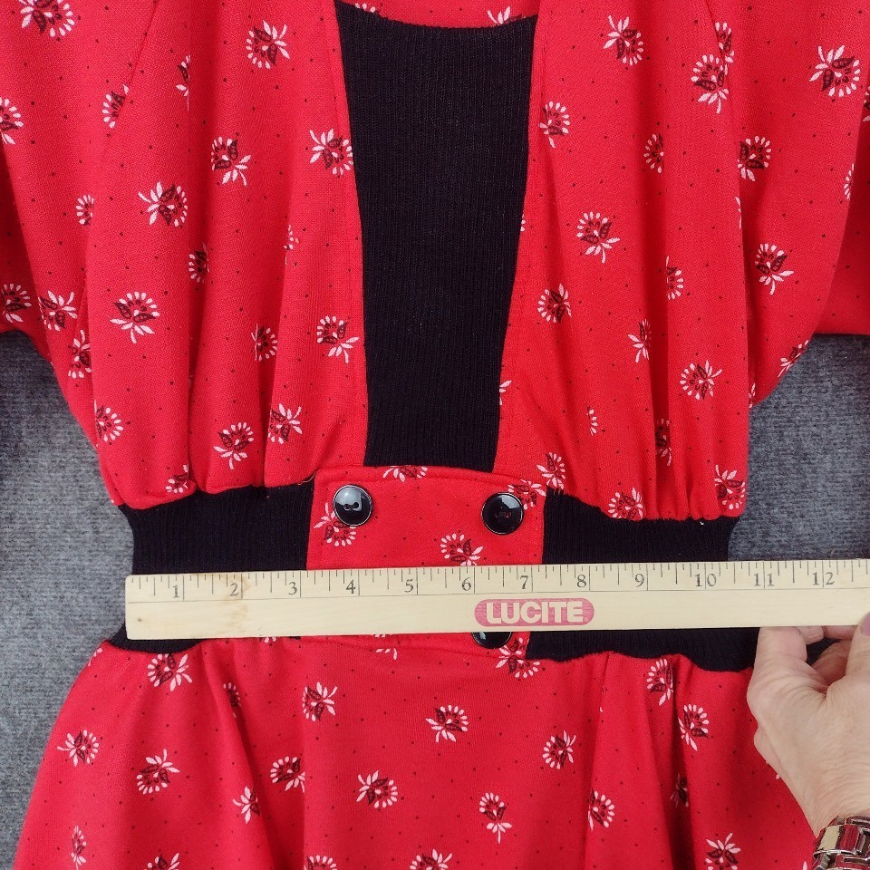 Vintage 80s/40s Dress Small Red Black Jersey Knit Peplum Dolman Sleeve
