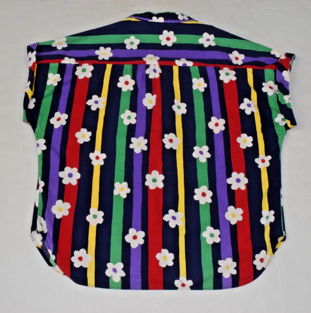 Vintage Top AM Casuals One Size 80s Rainbow Stripe Daisy Collared Tunic Top