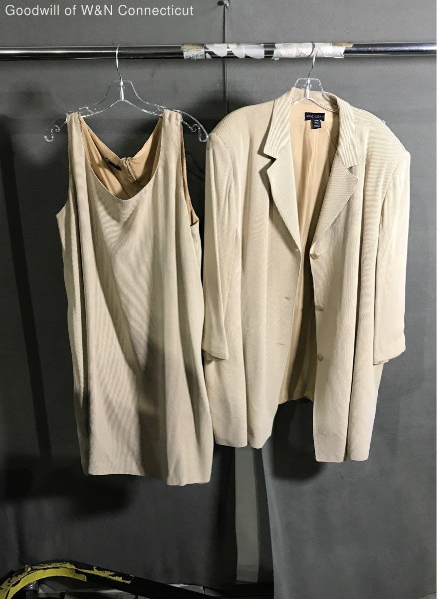 Vintage 90s Anne Klein II Tan Ribbed Blazer and Dress Suit Set Made USA Sz 24W