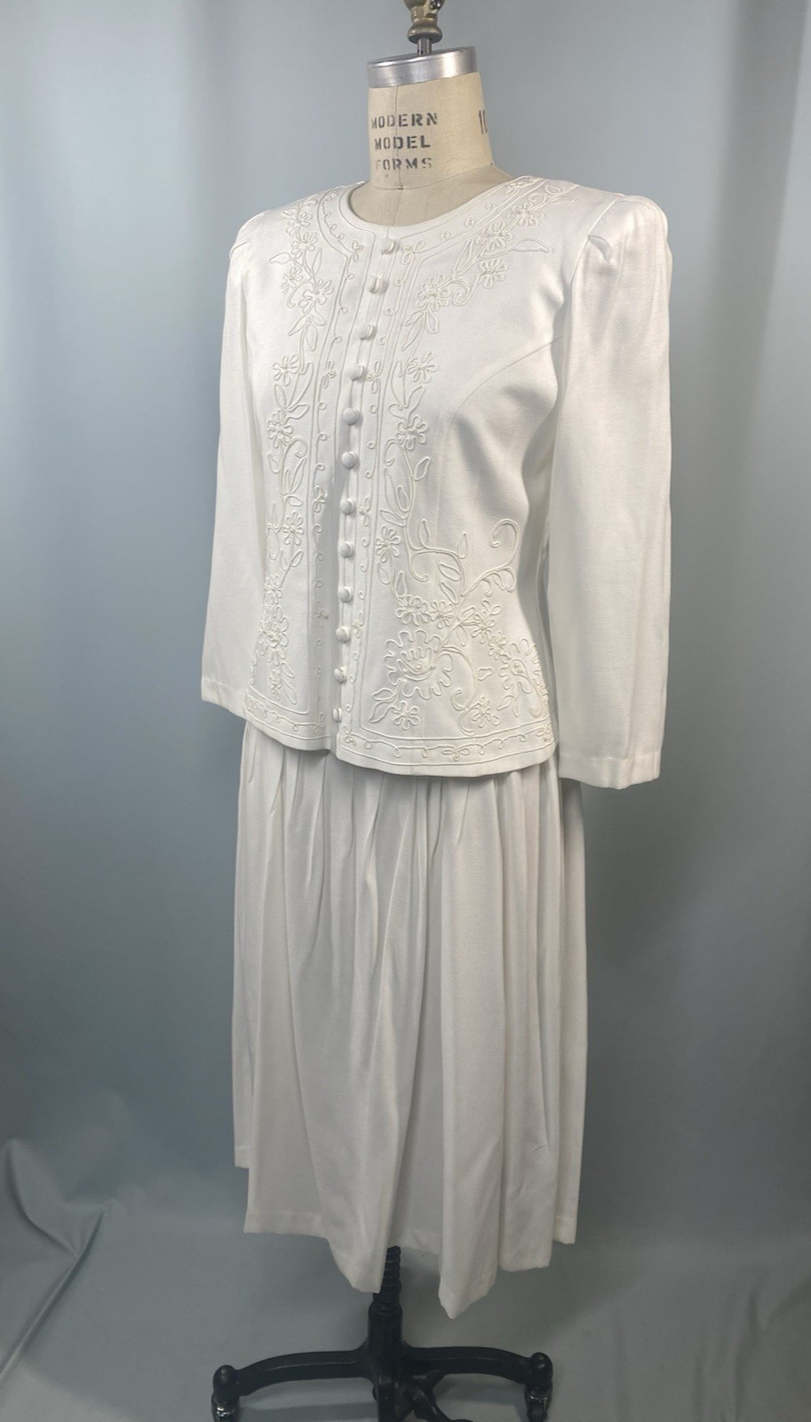 Vintage Dress SIZE 10P MEDIUM ivory white KARIN STEVENS classic MOB 80s 90s