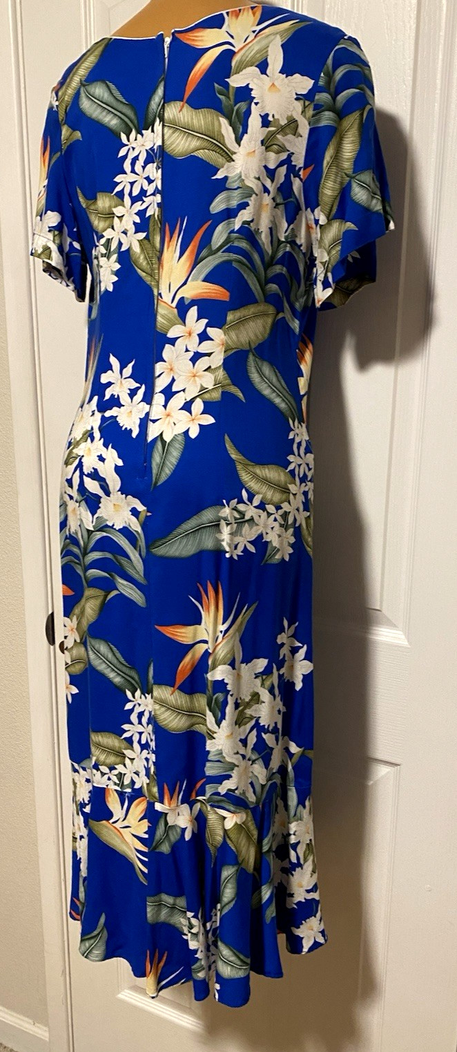 VTG 70s ALOHA HUT HAWAII BLUE BIRD OF PARADISE FLORAL PRINT RAYON DRESS SZ L