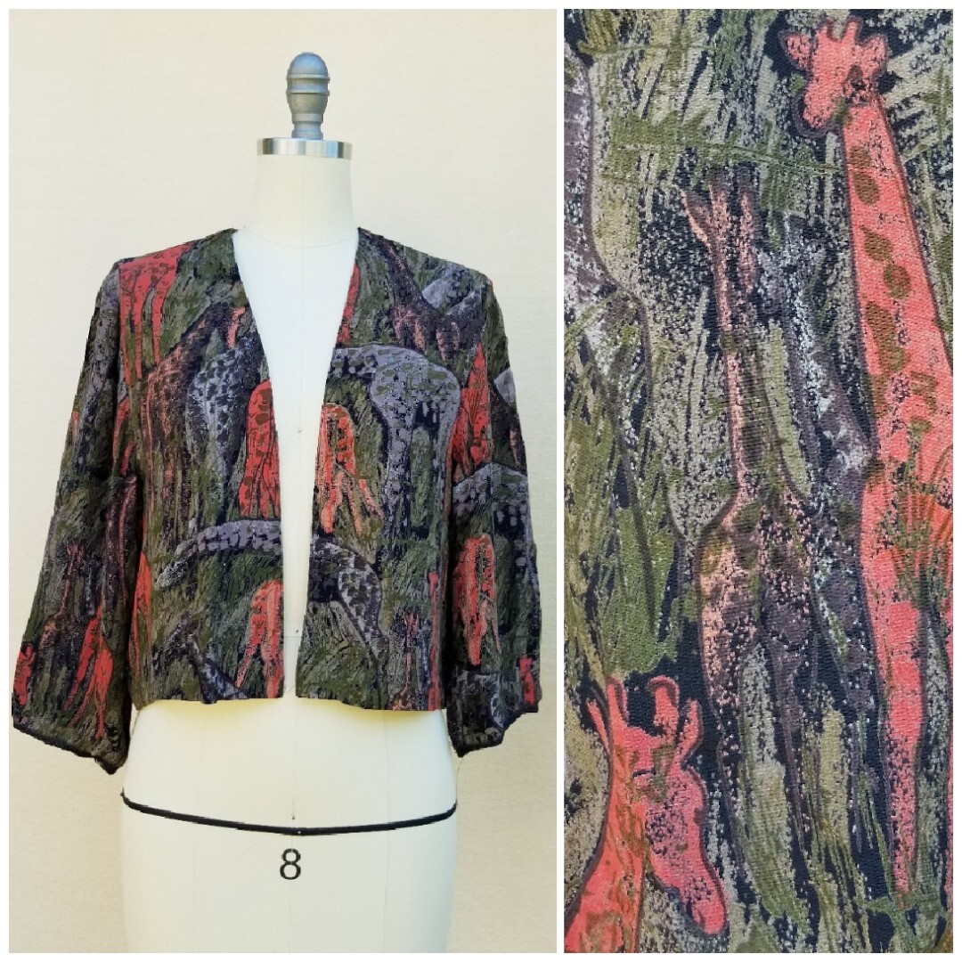 Vtg Platinum Dorothy Schoelen Giraffe Animal Safari Print Open Jacket 80s 90s S