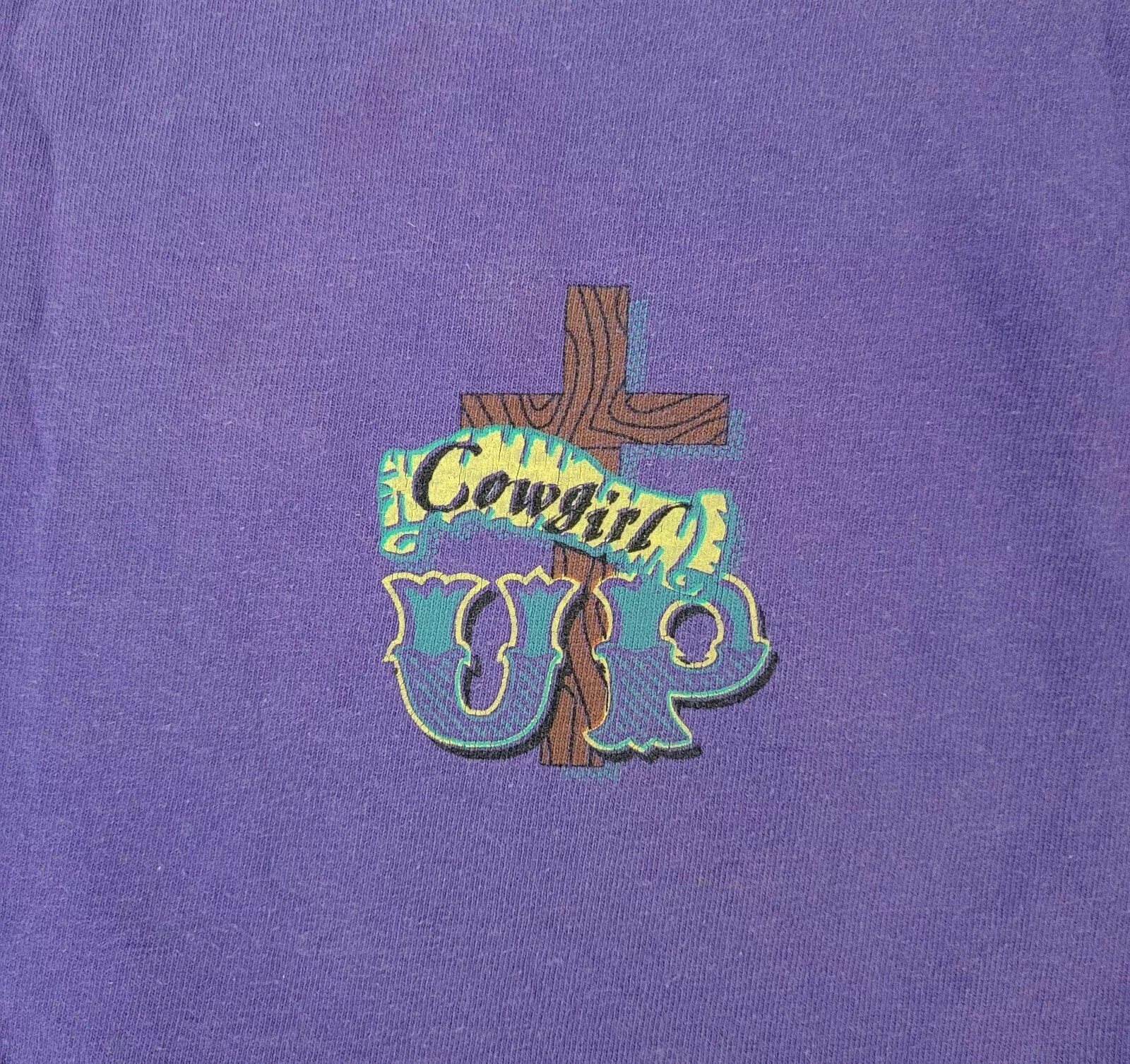 Vintage Cowgirl Up Womens Shirt XL USA Made Single Stitch Psalm 119;32 Purple