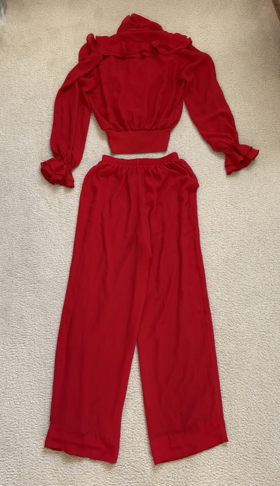 Vintage 80s Rina Rossi red 2-pc set, pull on pants ruffle blouse sz 10 bold chic