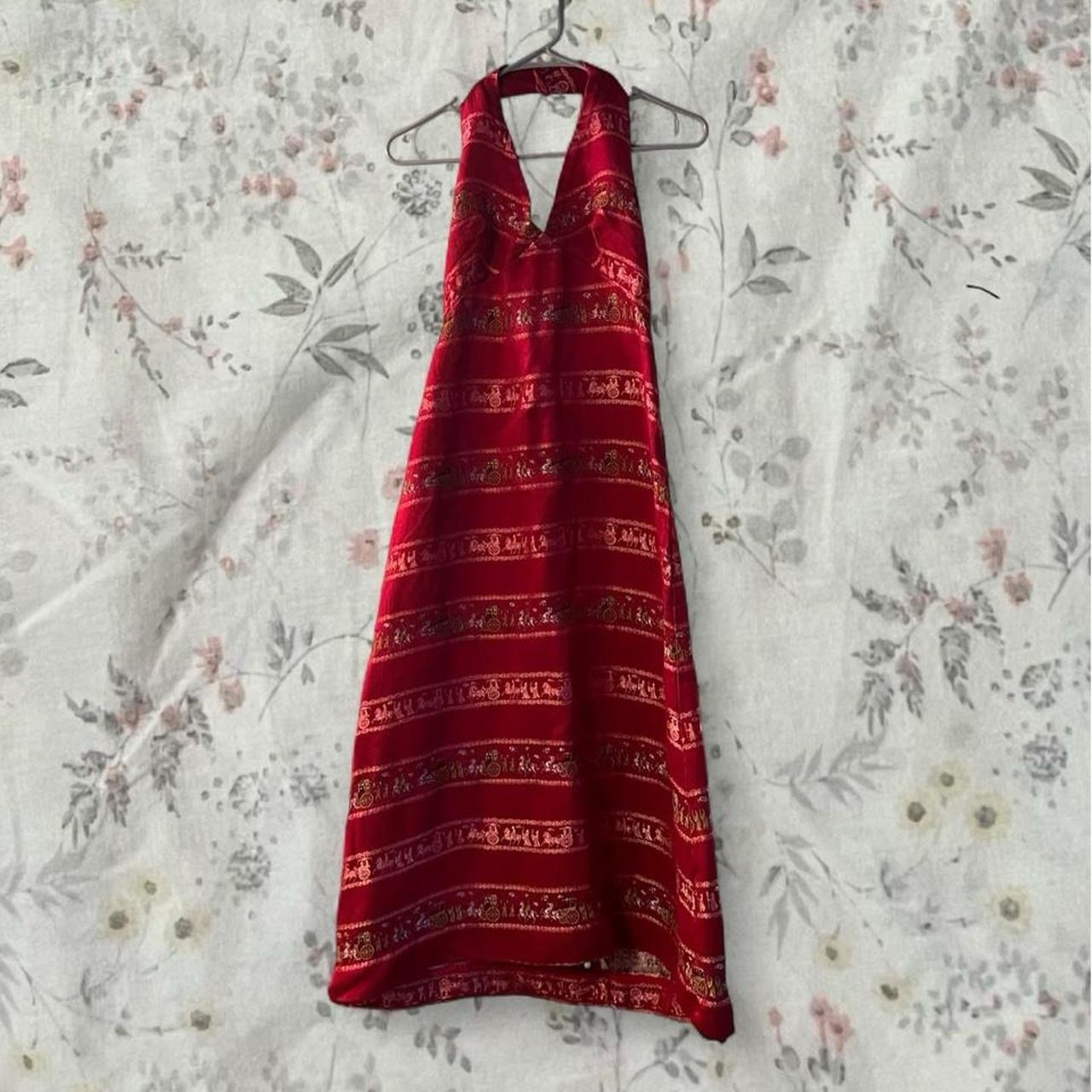 Vintage 70s Tapestry Halter Dress Brocade Backless Maxi Bohemian Embroidered