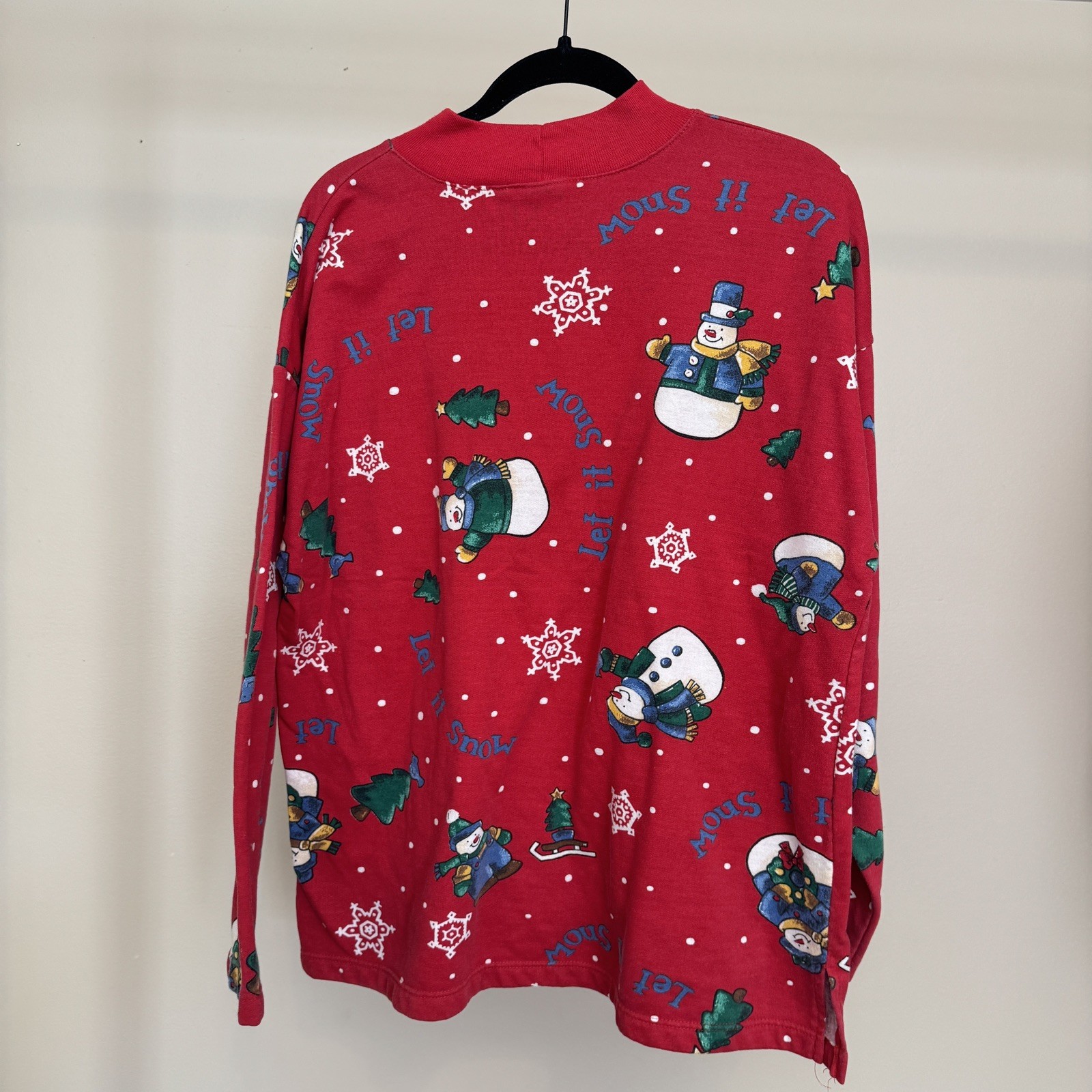 Vintage Holiday Let It Snow Mockneck Snowman Long Sleeve Womens Large Oversized