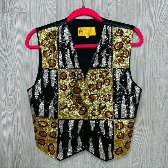 Vintage JC cheetah / leopard vest beaded and sequin top w/ adjustable back small