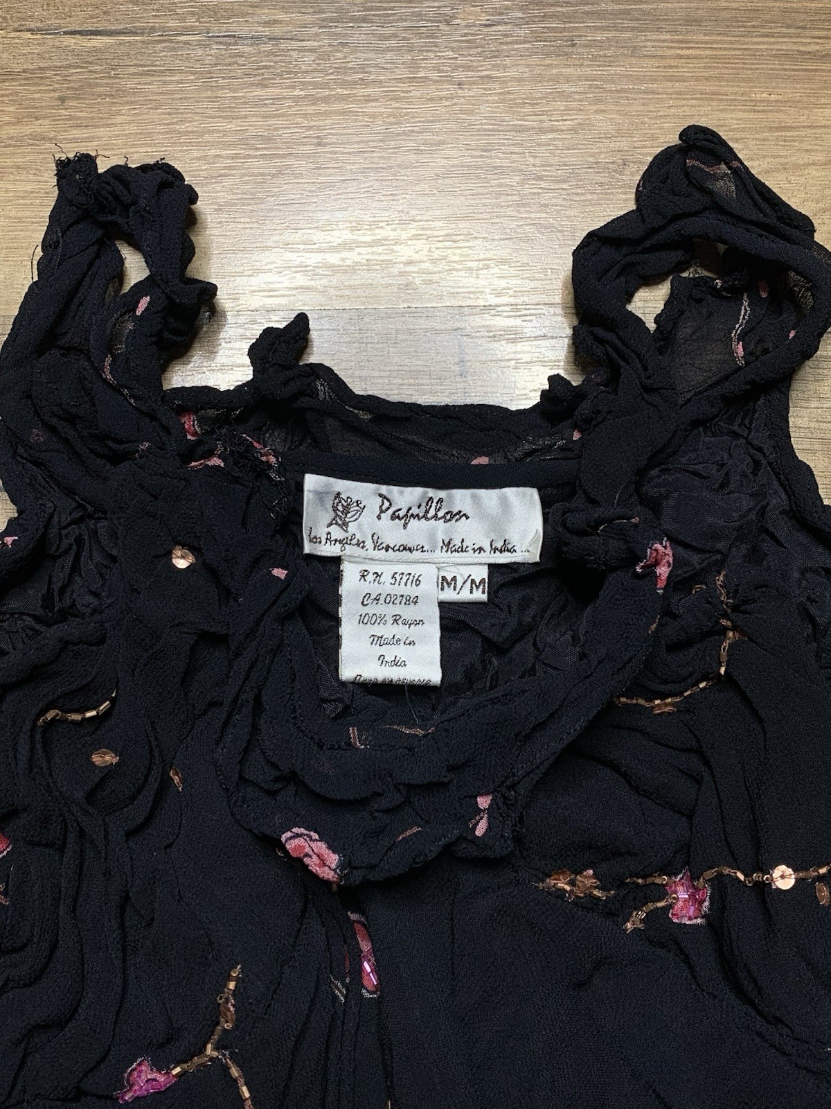 Vintage Papillon Black Rayon Dress, Embroidered Floral Medium