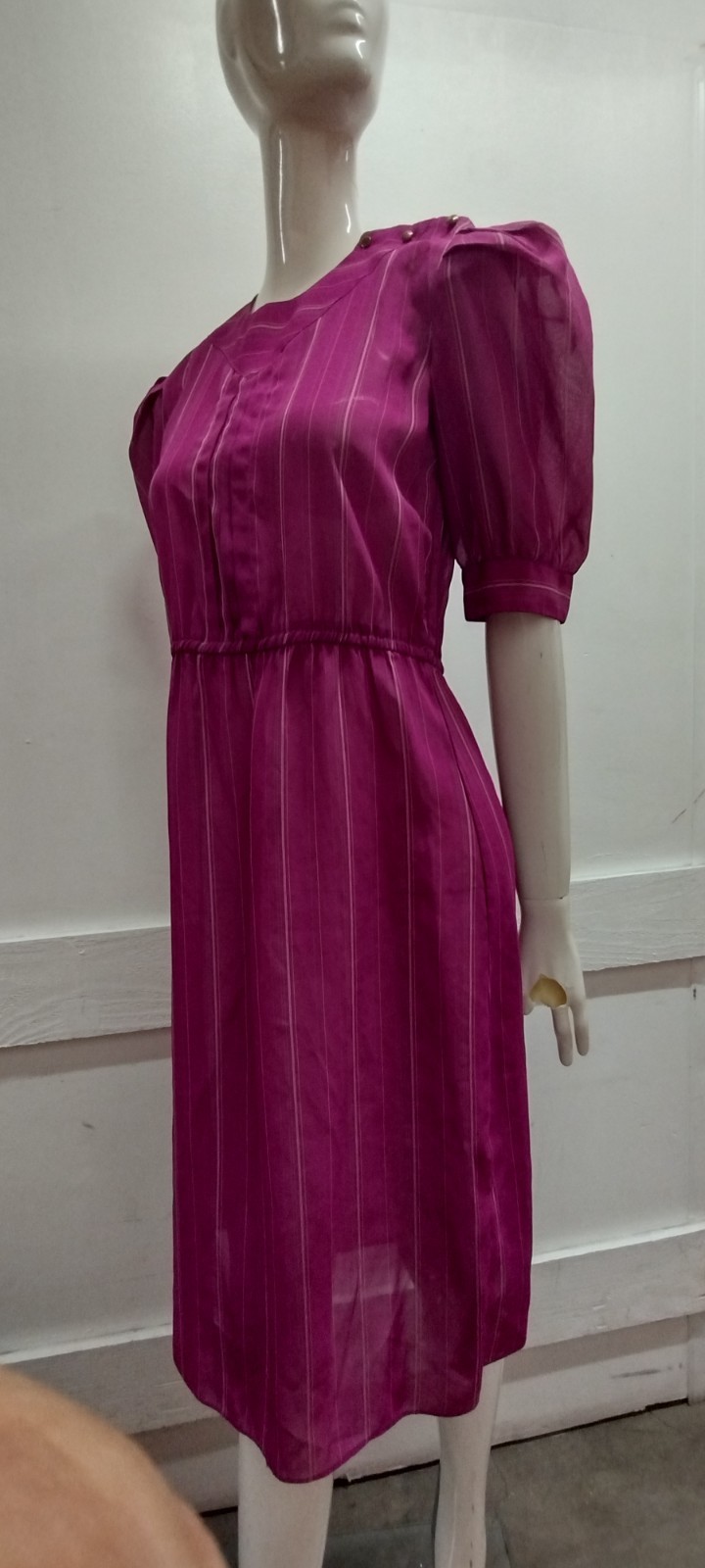 70s 80s Dress Pink Fuchsia Stripes Sheer Short Puffy Sleeve 40s 3/4 Sleeves M
