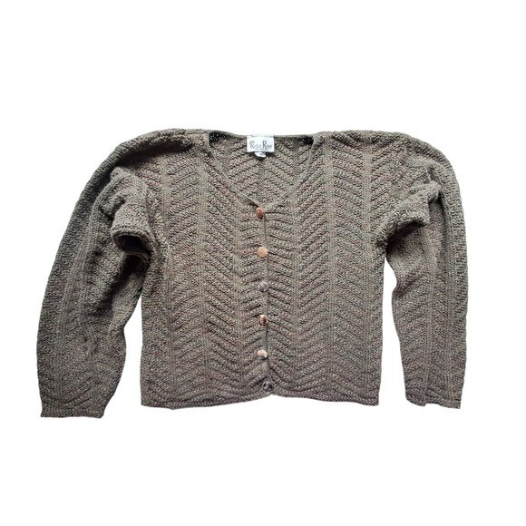 Reba Rose Vintage 90s Olive Green Chevron Knit Cardigan Sweater USA Small