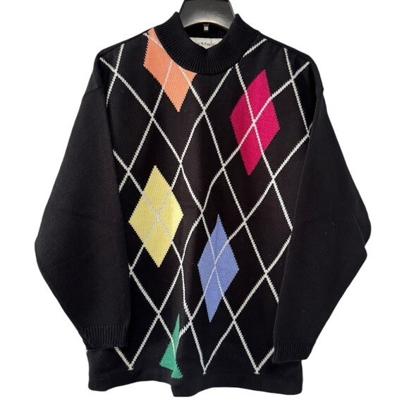 Vintage Norton McNaughton Women’s Sweater 90s Black Multicolor Argyle Boxy USA M