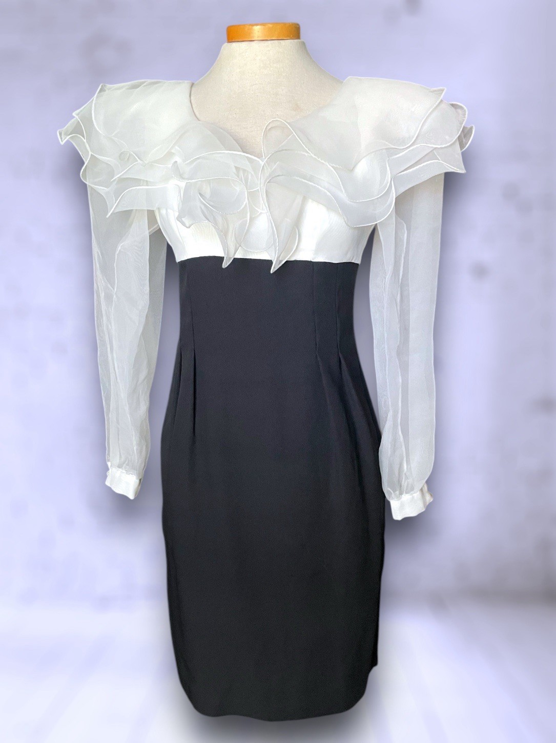 1980’s Black & White Fluffy Bust Long Sleeve Short Pencil Dress Bette Midler