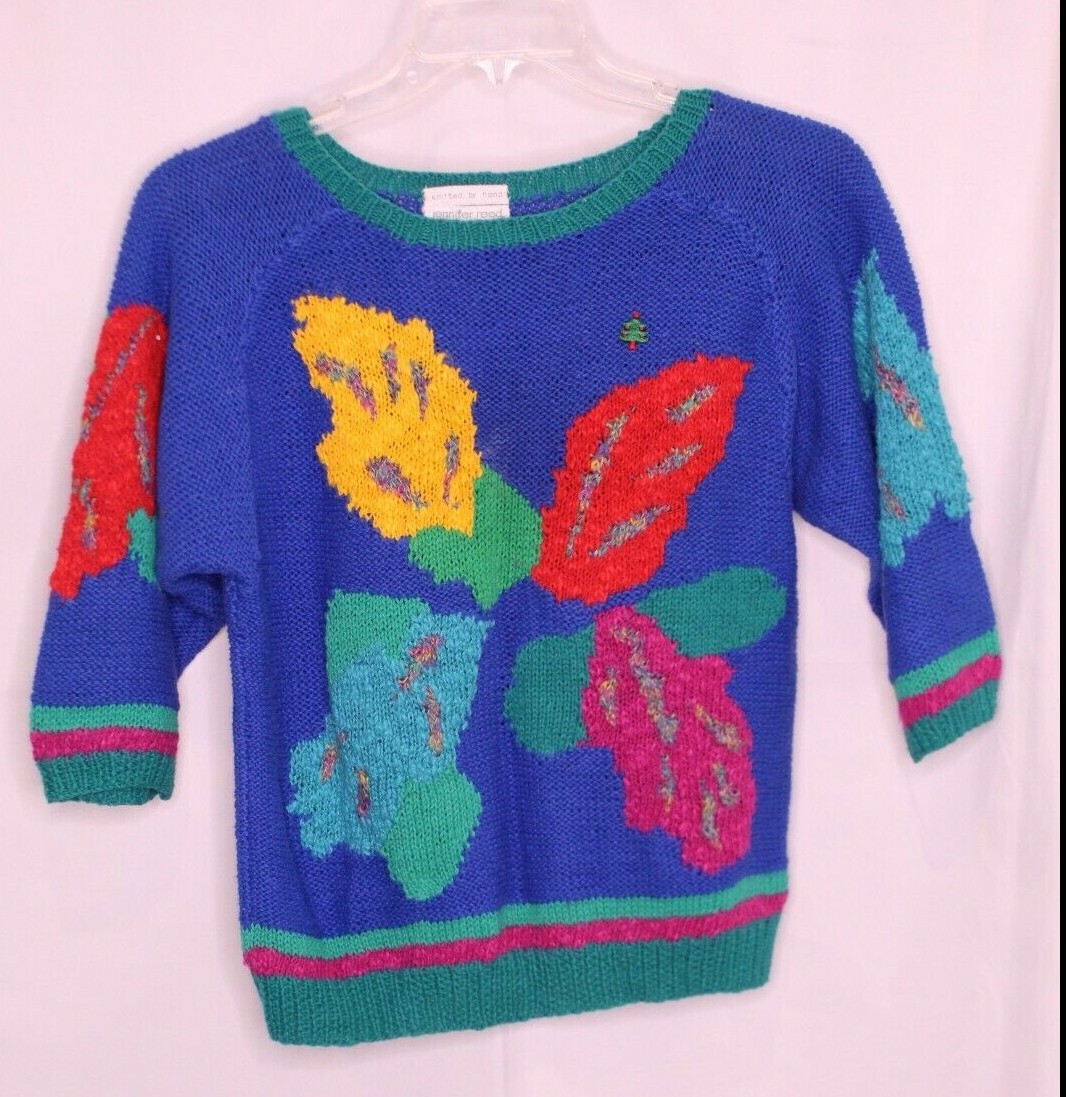 VTG JENNIFER REED MULTI-COLOR FLORAL ROUND NECK SHORT SLEEVE SWEATER SZ L #P249