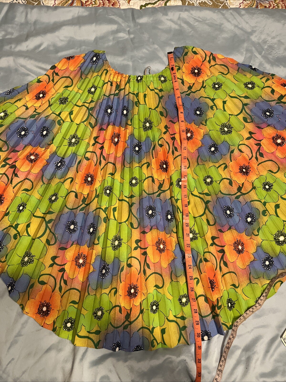 Vintage 70’s Greencastle Accordion Pleated Green Orange Floral Blouse Tropical