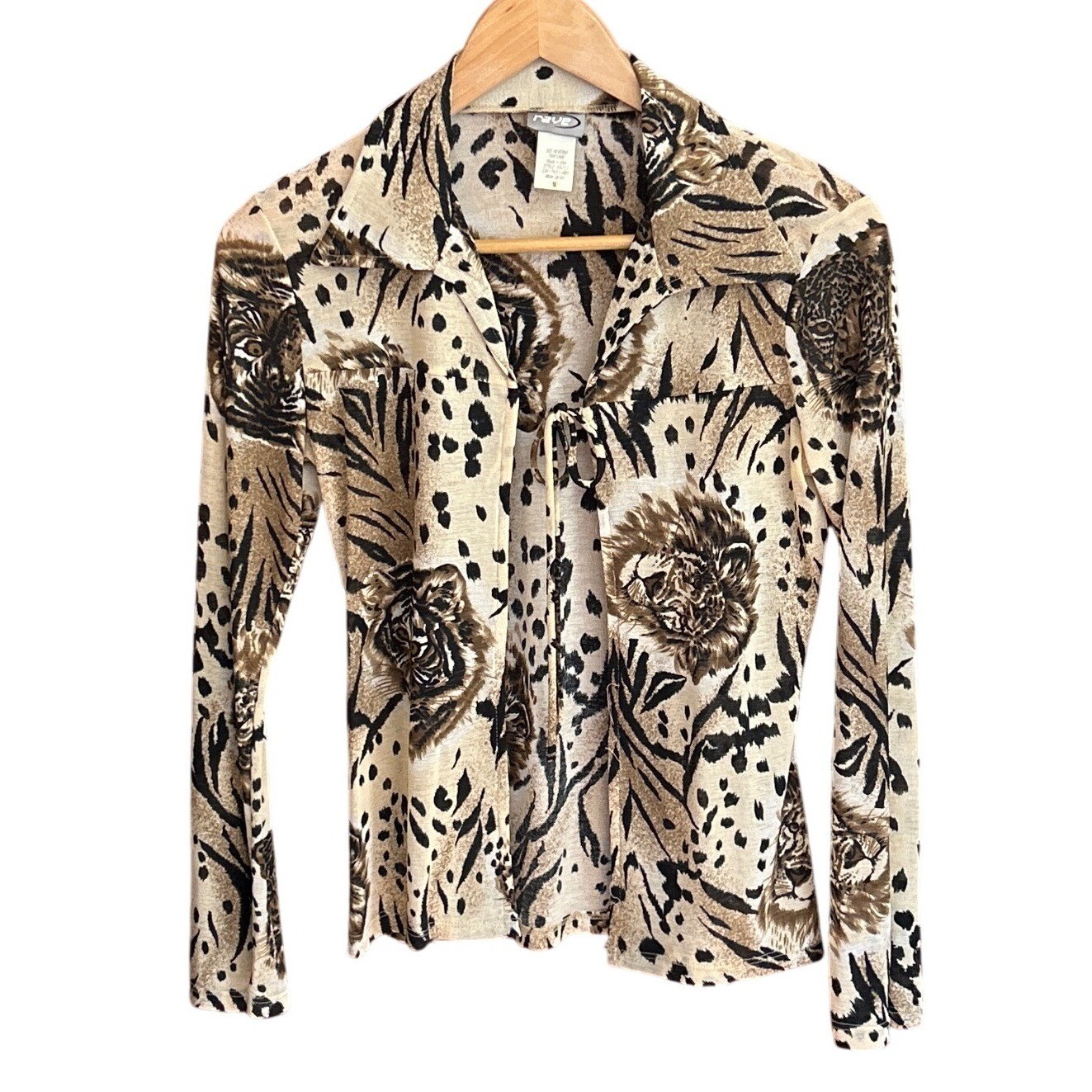 Vintage 90s Rave Animal Print Tie Front Top Tiger Leopard Y2K Mob Wife Aesthetic