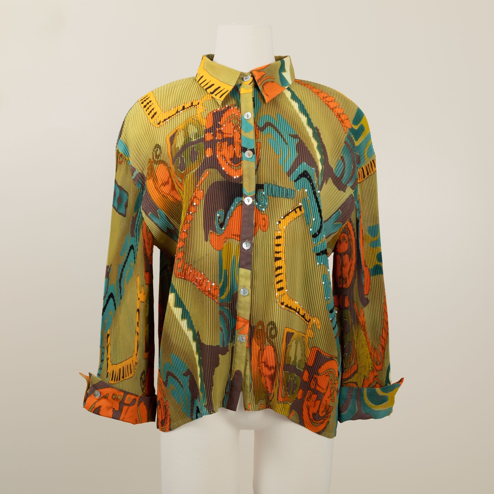 Vintage 90s Alberto Makali Pleated Sequin Shirt Size L Abstract Print