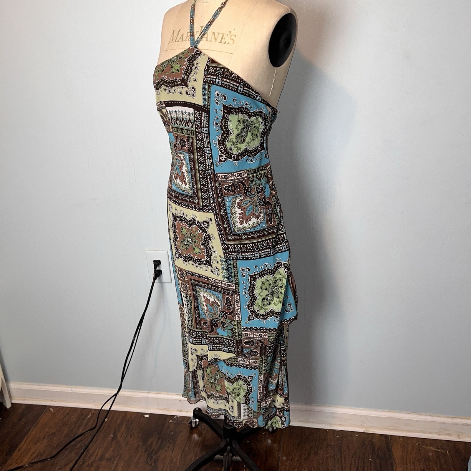 Vtg Y2K Paisley Patchwork Blue Brown Whimsy Fairy Halter Dress Asymmetric Hem 10
