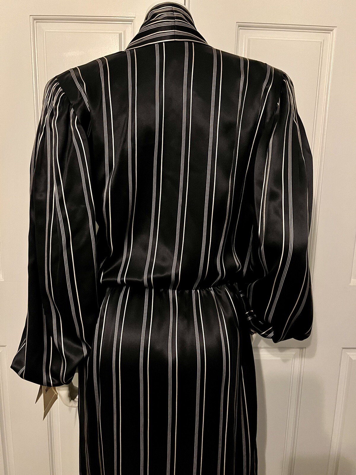 NEW Vintage 1980s Pauline Trigeré Pinstripe 100% Silk Black Gold Dress Sz 12 L